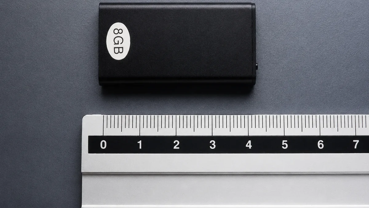 Q1 mini voice recorder beside a size ruler
