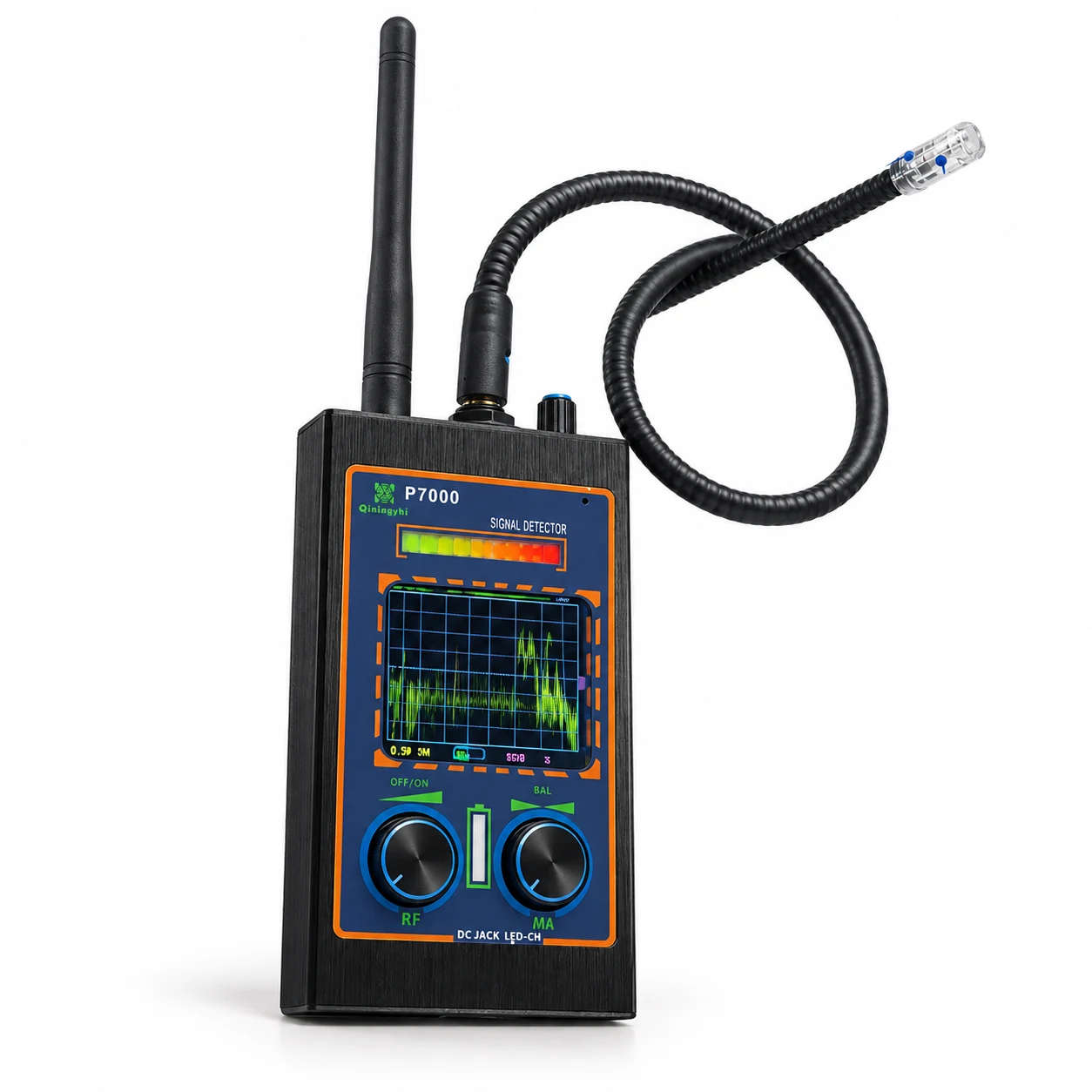 P7000 RF and magnetic detector with antenna and flexible probe on white