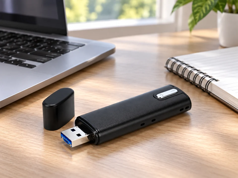 Q16 USB recorder on a desk beside a laptop and notebook