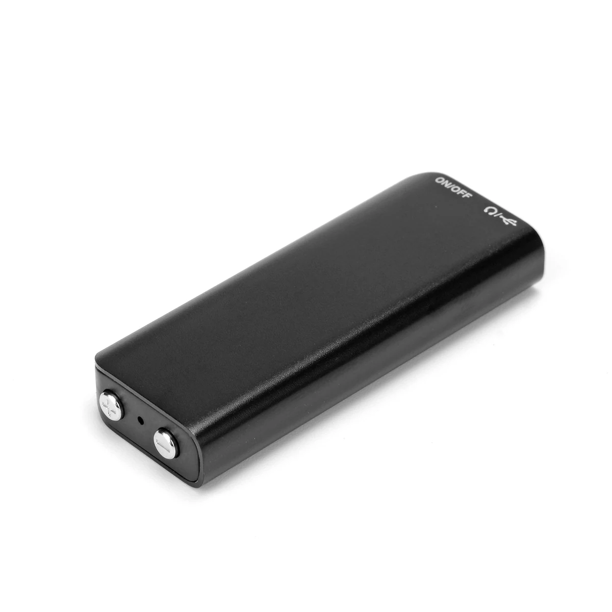 Q23 slim black digital voice recorder, angled front on white