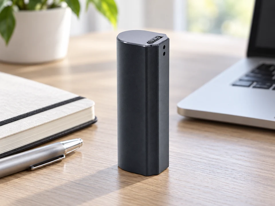 Q73 magnetic voice recorder on an office desk beside a notebook