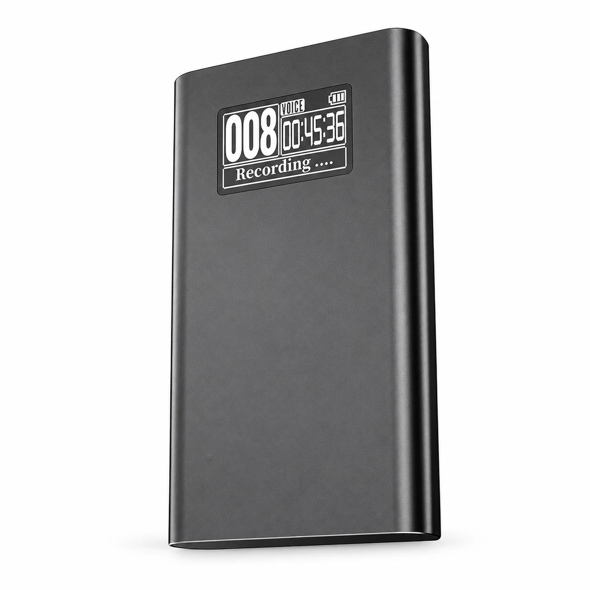 Q86 dark-gray digital voice recorder with front screen on white