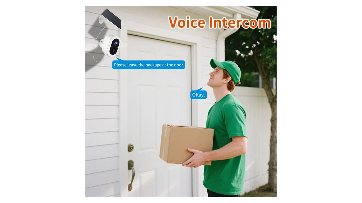 QZT promotional illustration of a camera using two-way audio at a delivery point