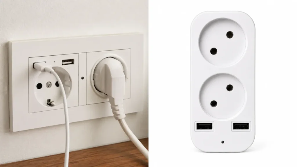 Telecamera QZT S2 fissa con presa a parete e telecamera S3 portatile con adattatore per spina UE mostrate affiancate