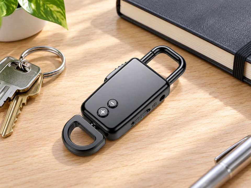S20 keyring recorder resting beside keys on a desk