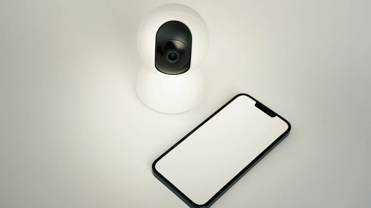 Smart security camera beside a smartphone for app configuration