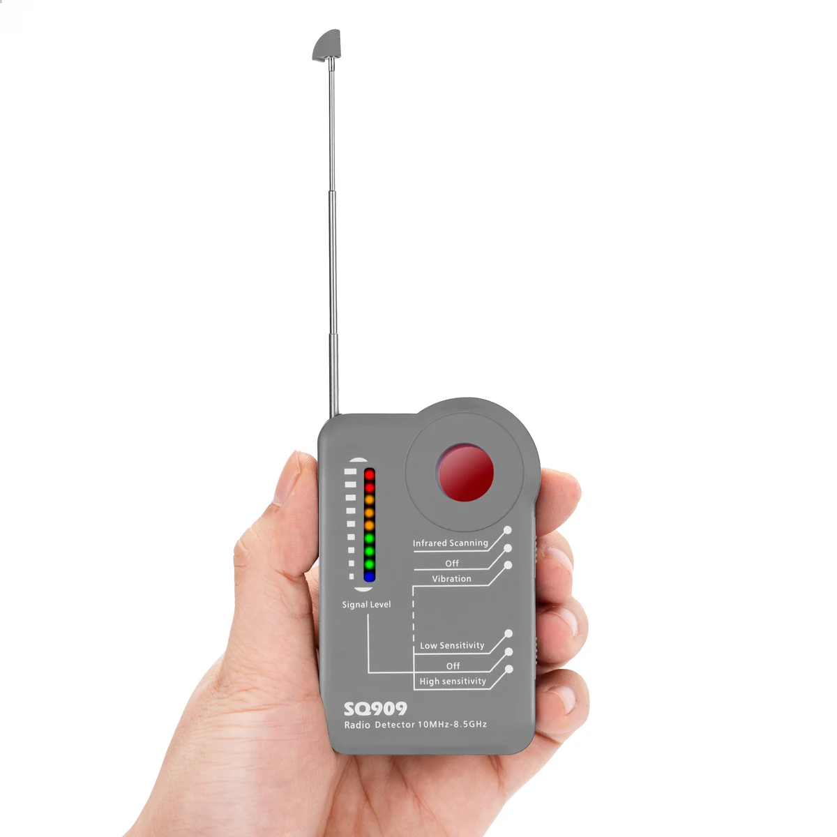 SQ909 handheld RF detector size in hand