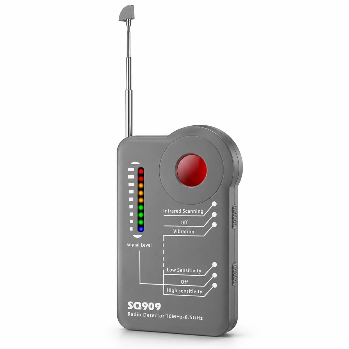 SQ909 grey wideband RF detector with extended antenna on white