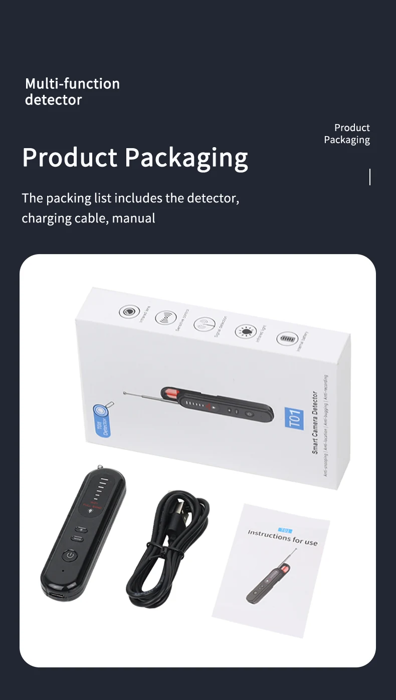 T01 detector with USB cable, manual and retail box