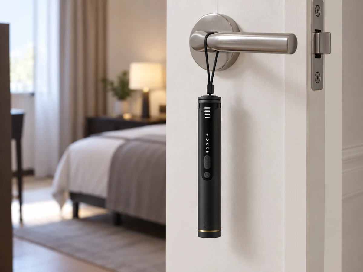 T016 detector hanging by a lanyard on an interior door handle