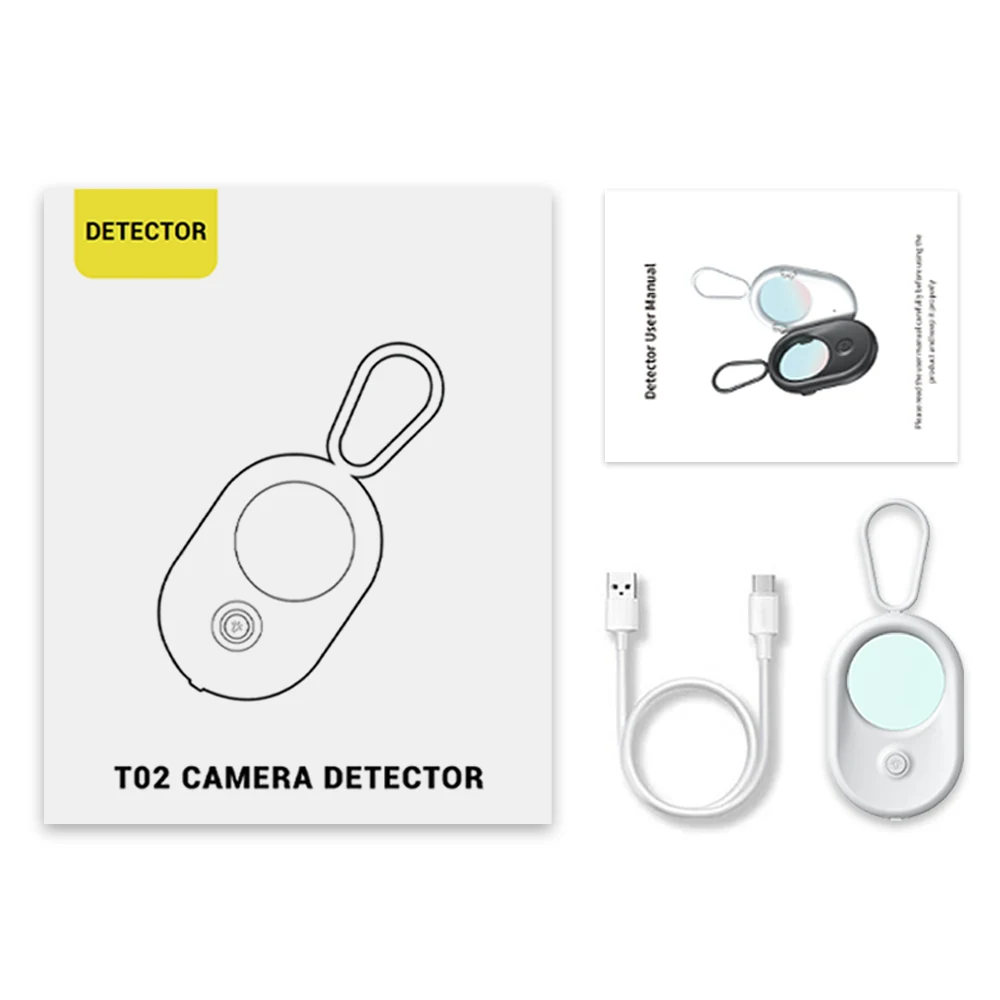 T02 retail box, user manual, charging cable and white detector pictured together