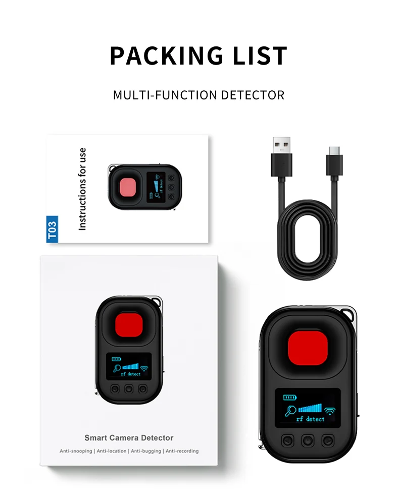 T03 detector, USB charging cable, manual and retail box