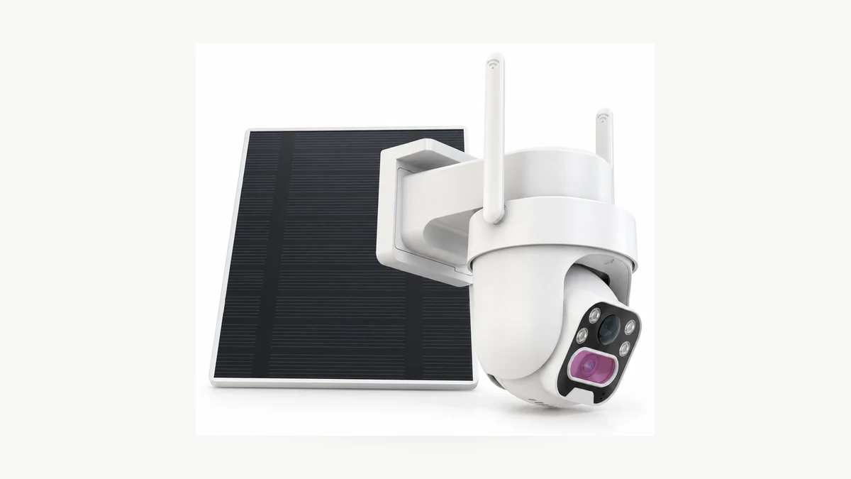 QZT C45L solar pan-tilt camera and solar panel on a clean background