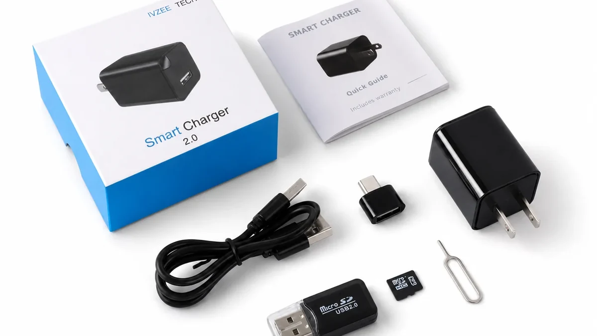QZT USB charger camera package and accessories used as a model-identification reference