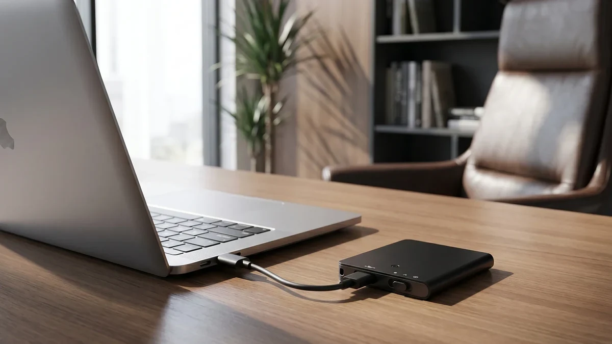 QZT Q61 ultra-thin voice recorder in a normal desk-use scene