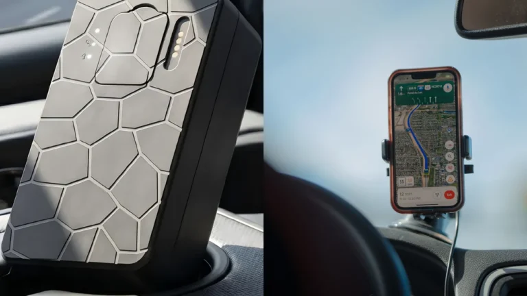 QZT G50 magnetic GPS tracker in a vehicle beside an illustrative smartphone navigation photo