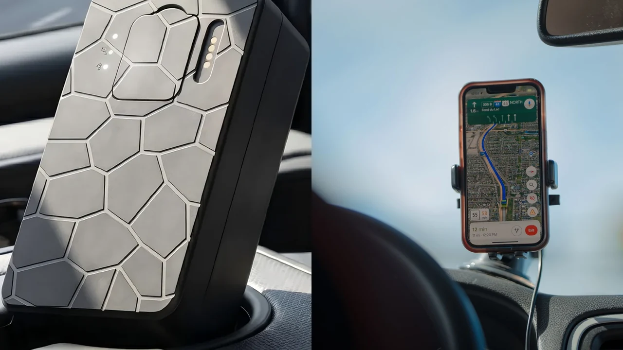 QZT G50 magnetic GPS tracker in a vehicle beside an illustrative smartphone navigation photo