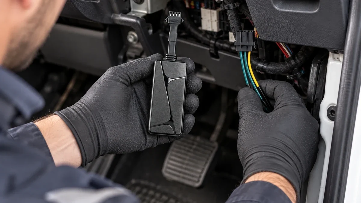 Authorized technician checking a QZT N70 vehicle tracker installation during an acceptance test