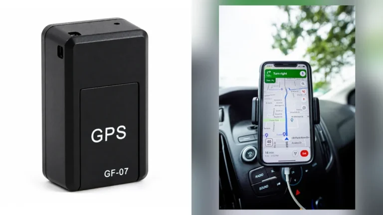 QZT GF-07 GSM/LBS tracker beside a smartphone map used to illustrate approximate network location