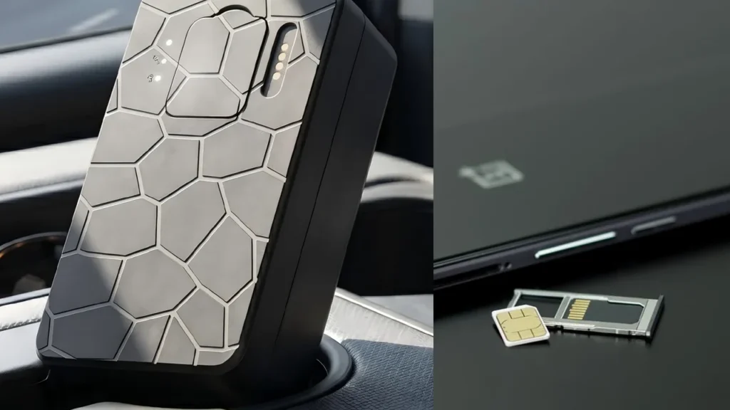QZT magnetic GPS tracker in a vehicle beside a smartphone and SIM card
