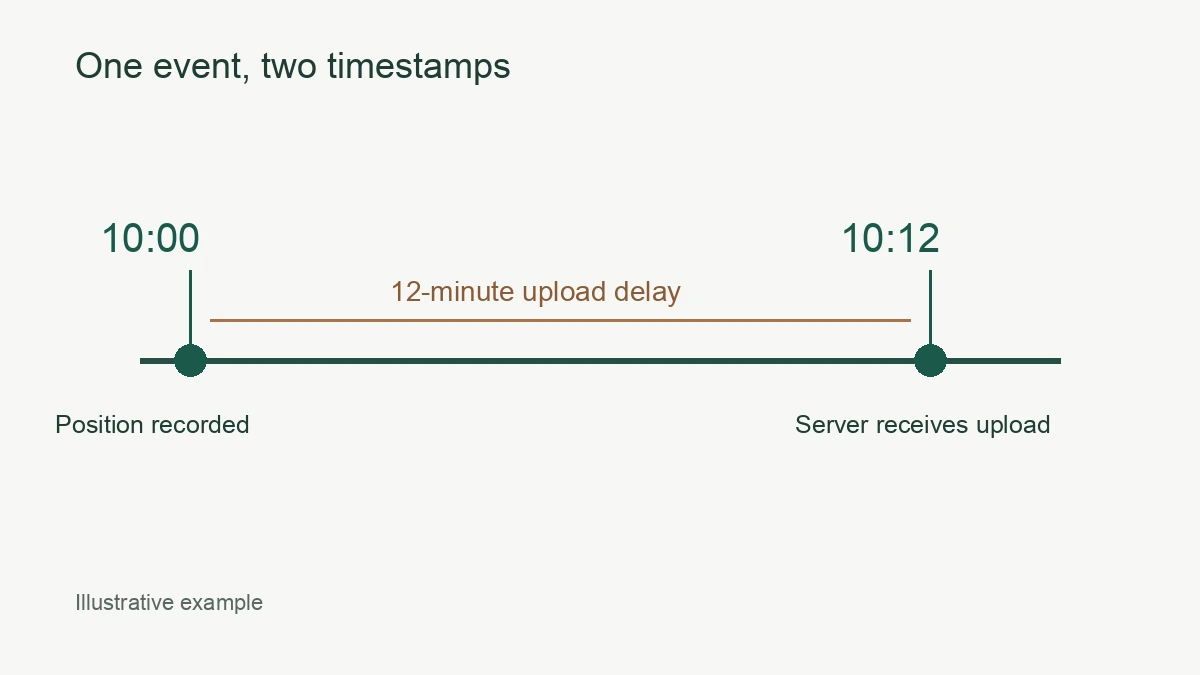 Illustrative timeline with a position recorded at 10:00 and uploaded at 10:12