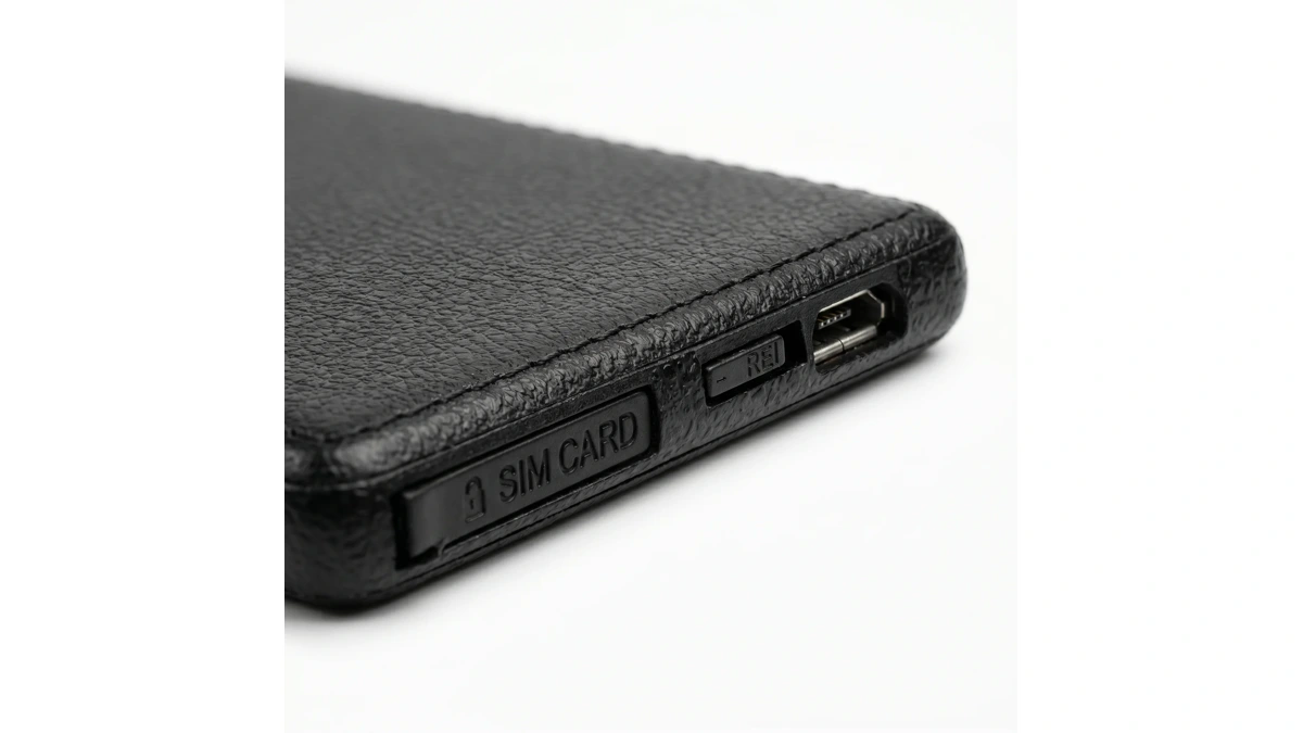 Close-up of the QZT VIP GSM card communicator SIM compartment, switch and USB charging port