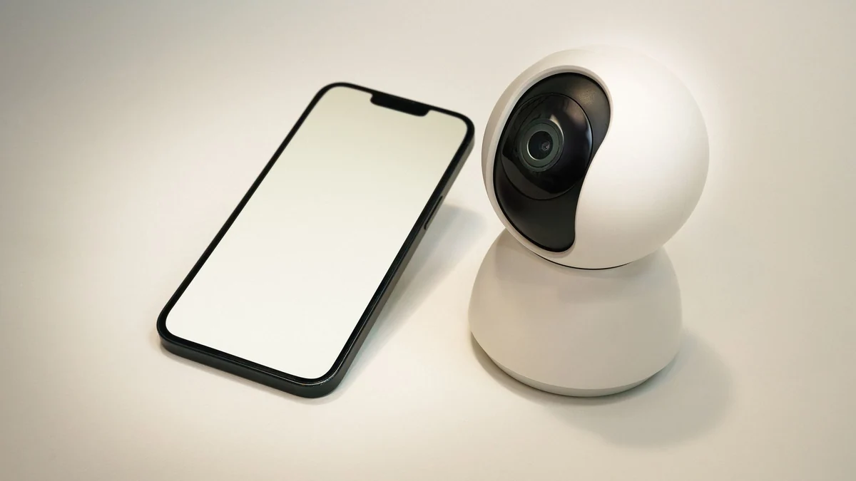 Indoor security camera beside a smartphone on a desk