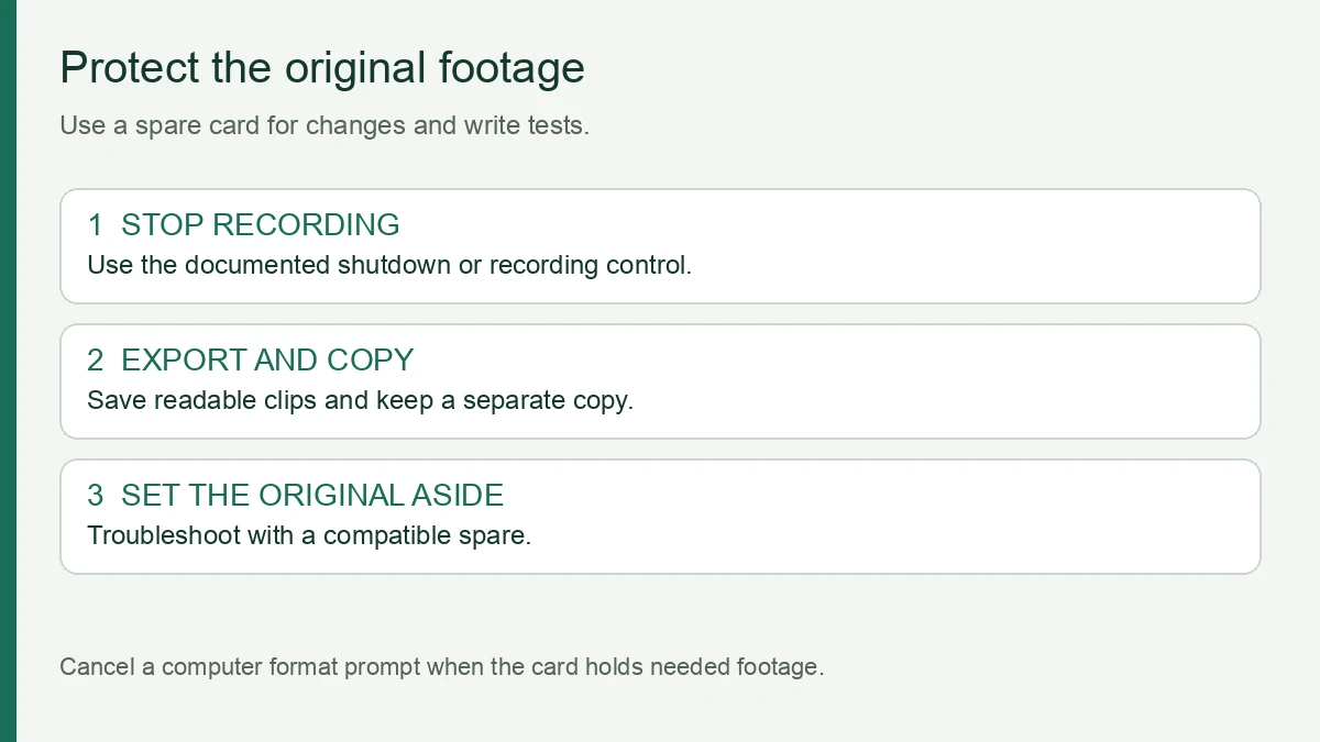 Footage preservation sequence: stop recording, export readable clips, keep a separate copy and test a spare card