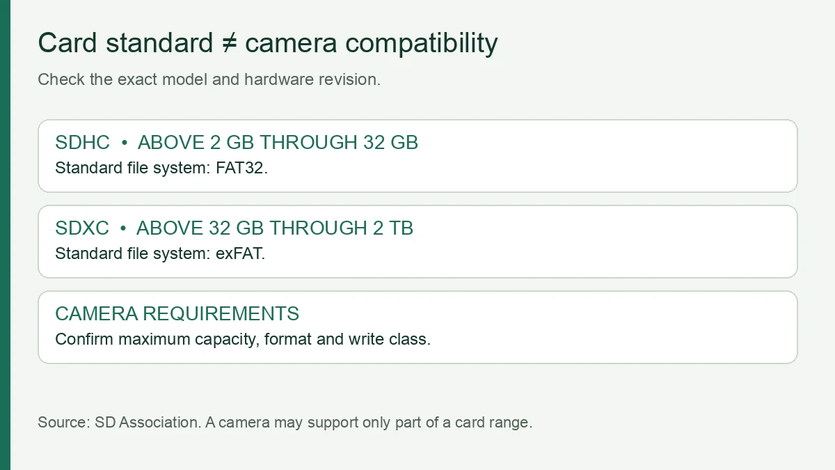 SDHC uses FAT32 above 2 GB through 32 GB; SDXC uses exFAT above 32 GB through 2 TB, subject to camera compatibility