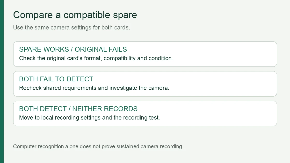 Card comparison matrix showing how a working spare separates an original-card problem from a camera-side fault