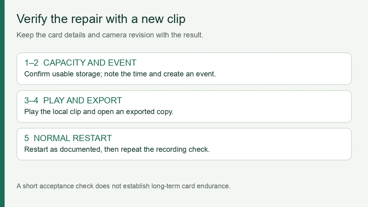 Five repair checks: card capacity, new event, playable clip, exported file and recording after a normal restart