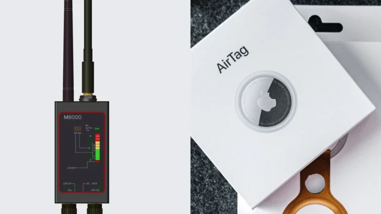 QZT M8000 RF detector beside a Bluetooth item tracker example