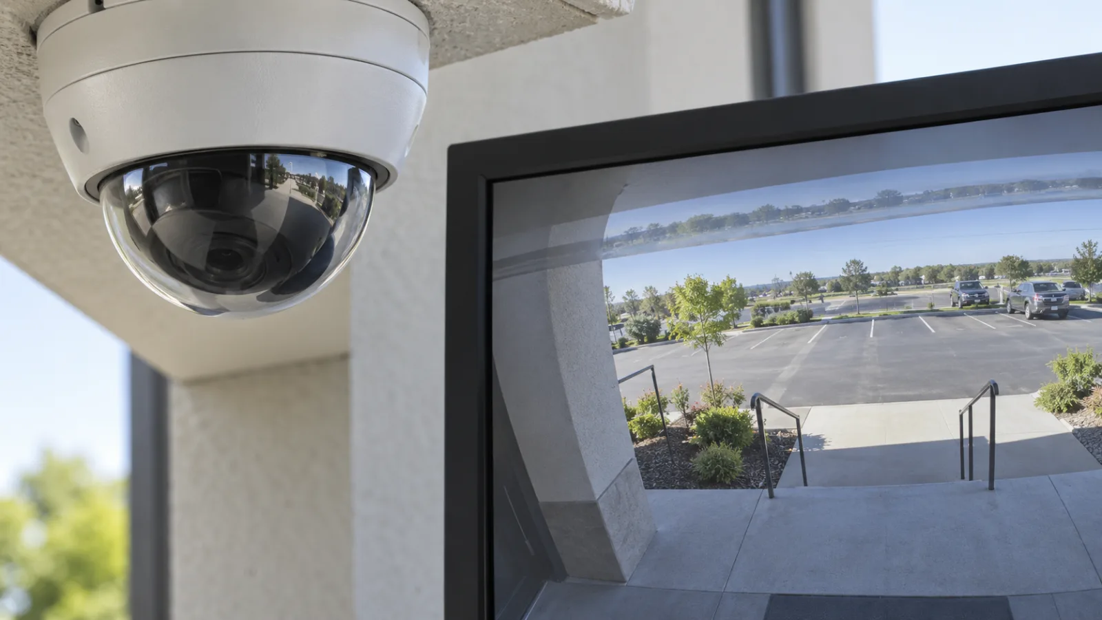 Dome security camera beside a monitor with a doubled image near the horizon