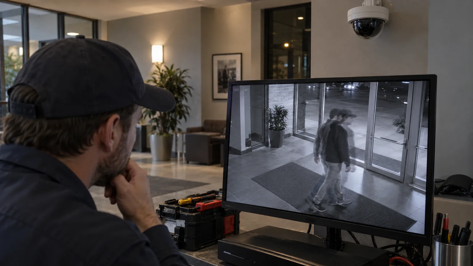 Technician checking a security camera monitor that shows one person with a faint duplicate silhouette