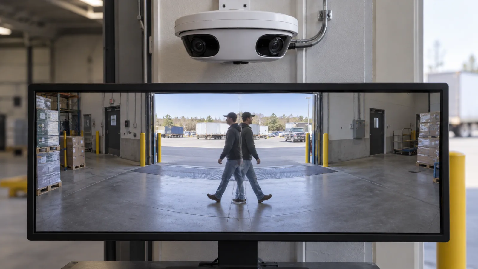 Dual-lens panoramic security camera monitor showing a person duplicated at the stitch seam