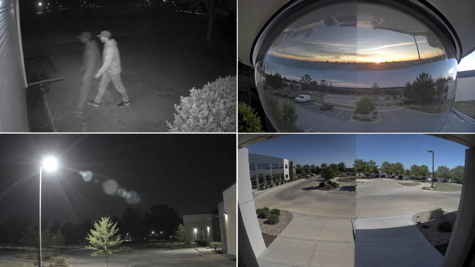 Four security camera views comparing motion trails, dome reflections, light ghosts and stitch-line overlap