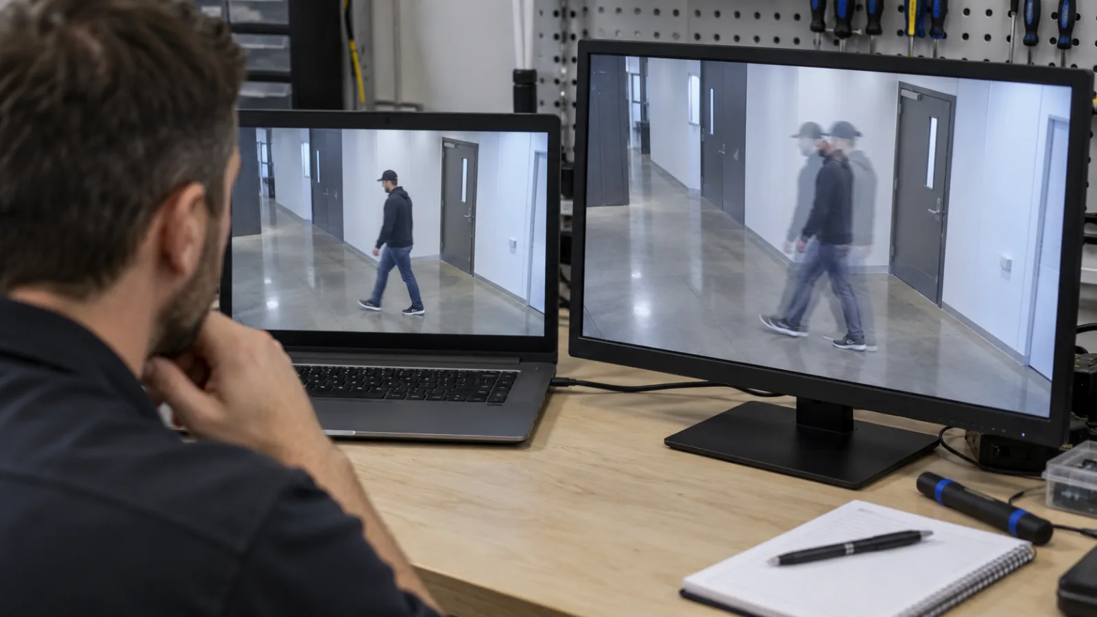 Technician comparing a clean security camera clip with a ghosted version on two screens
