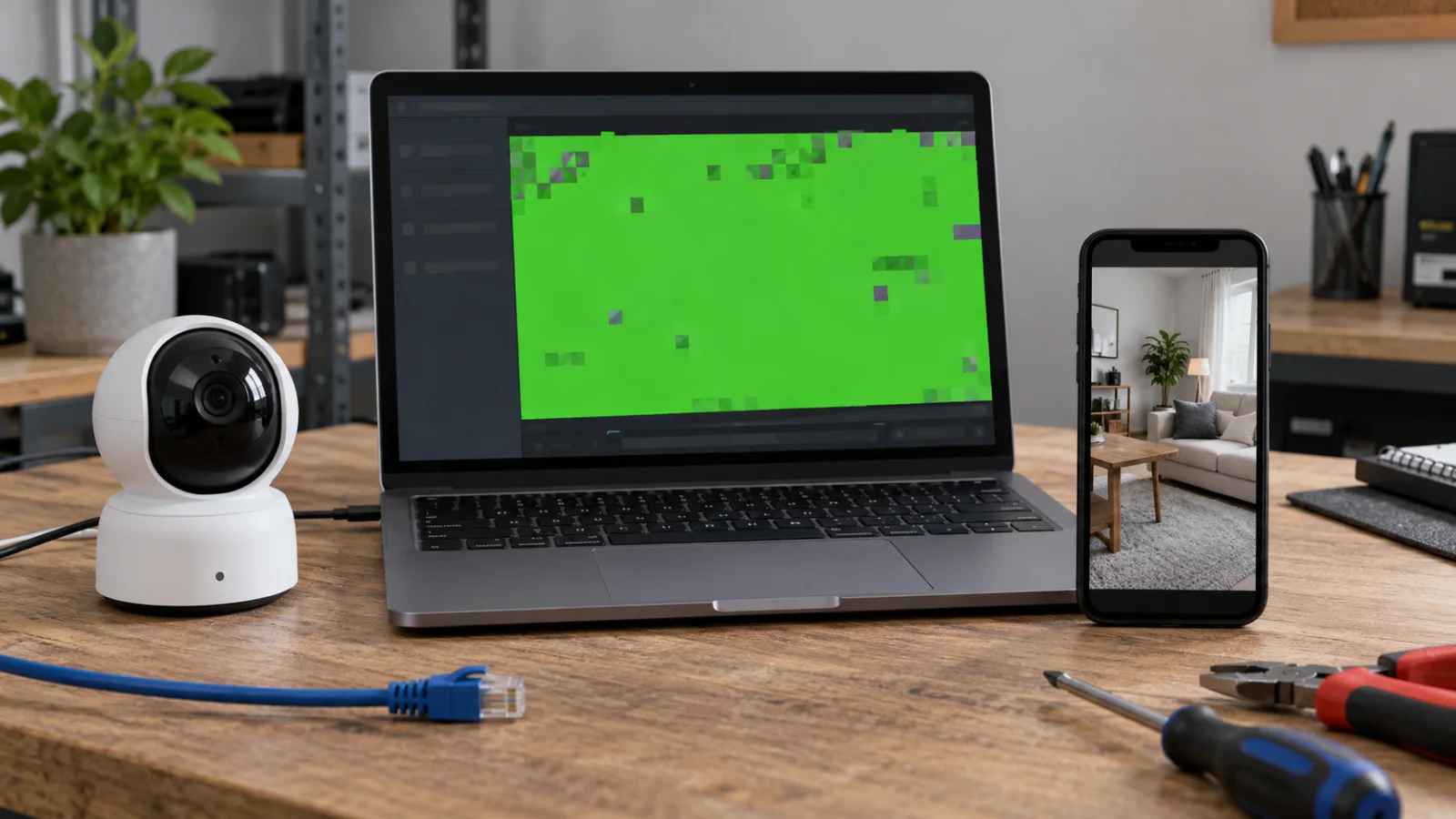 Security camera beside a laptop with a corrupted green live view and a phone with a normal view