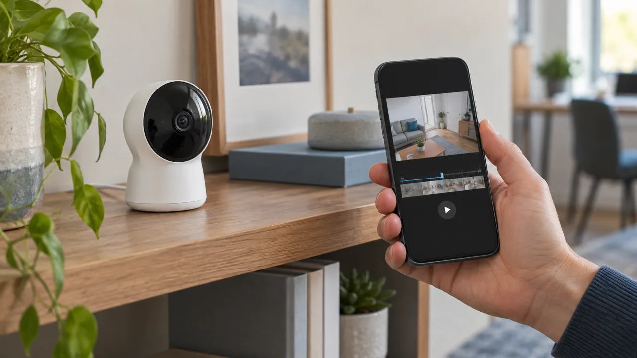 Indoor security camera beside a phone playing a recent recorded clip