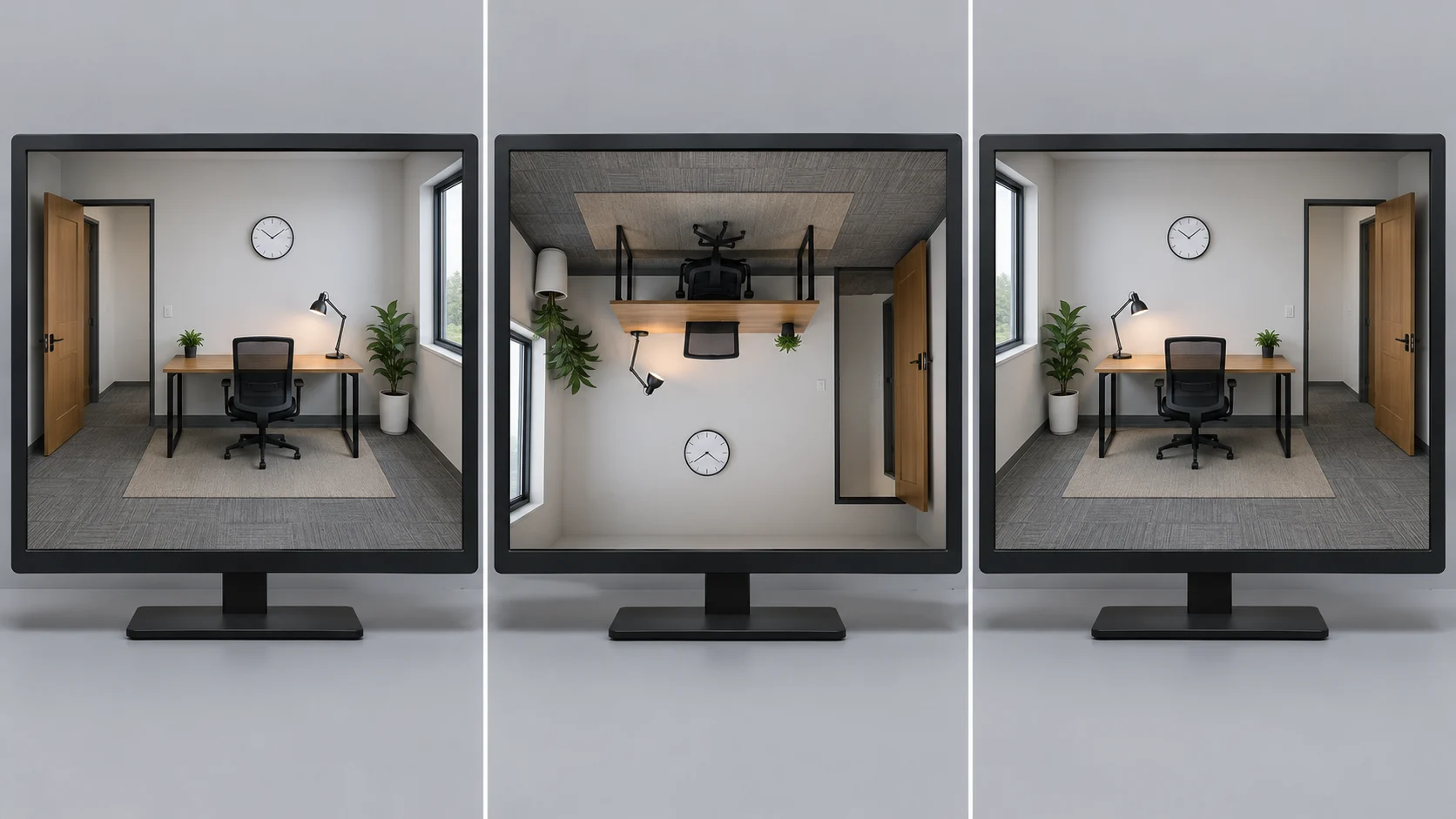 Normal, 180-degree rotated and horizontally mirrored security camera views