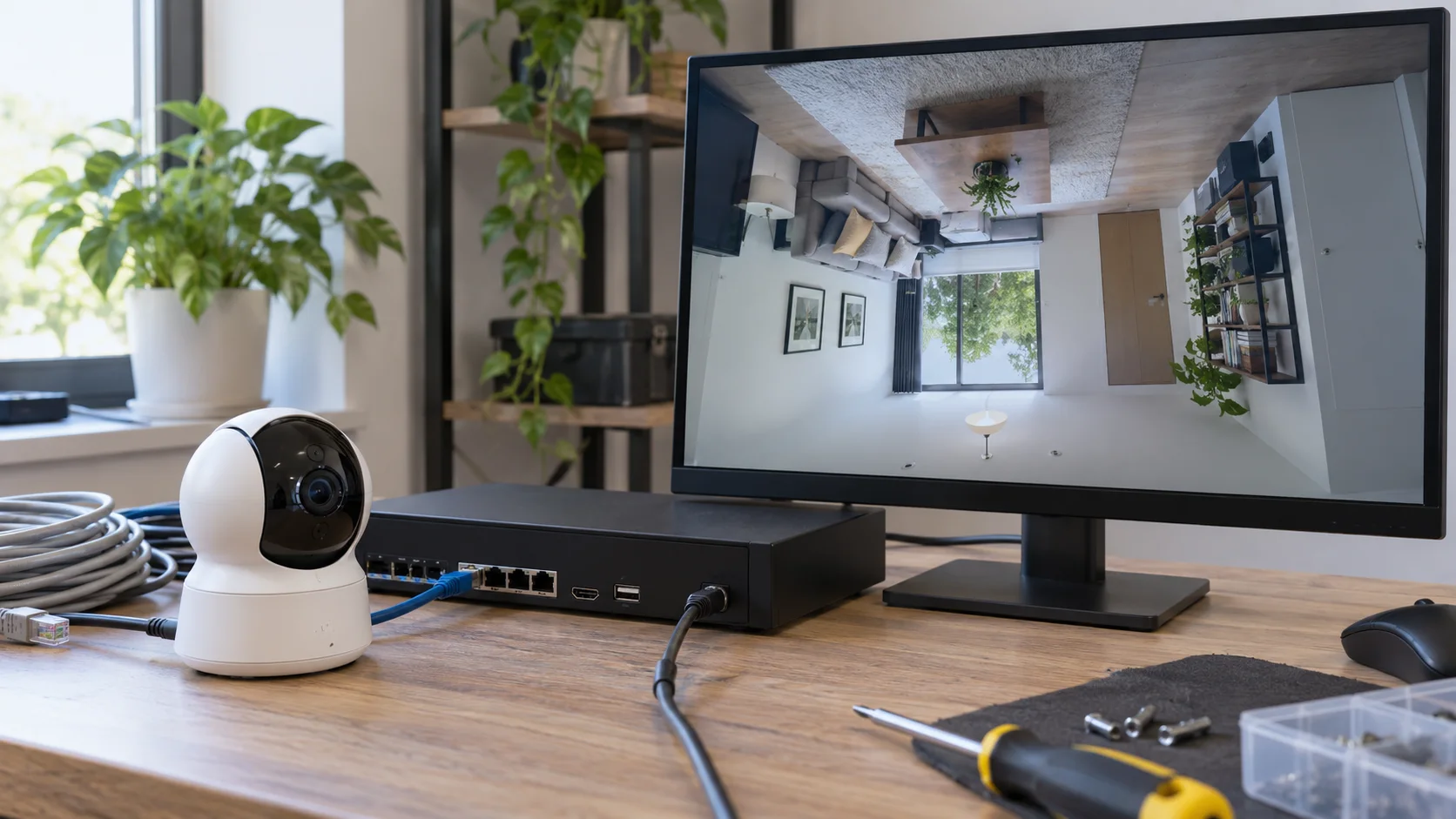 Security camera beside a recorder monitor showing a room rotated 180 degrees