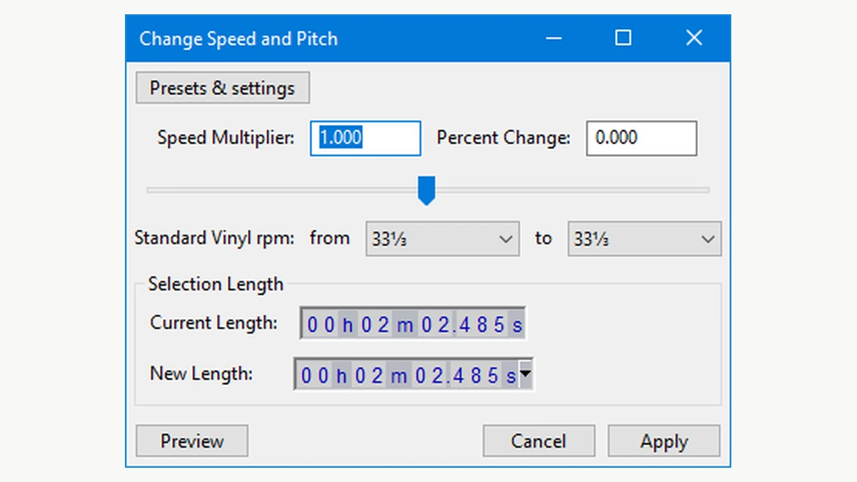 Audacity manual Change Speed and Pitch dialog showing speed and selection-length controls
