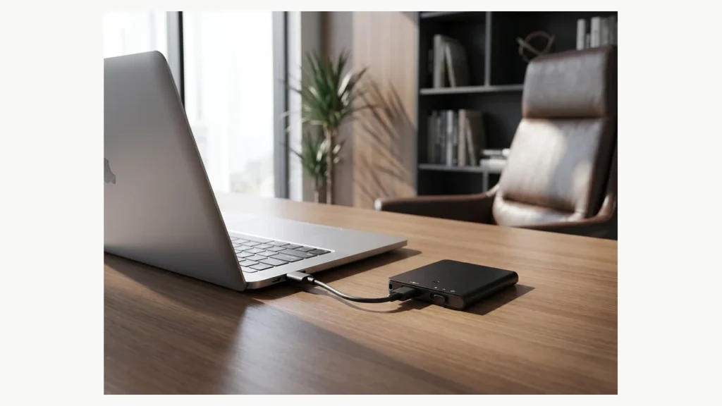 QZT Q61 compact voice recorder on a desk beside a laptop