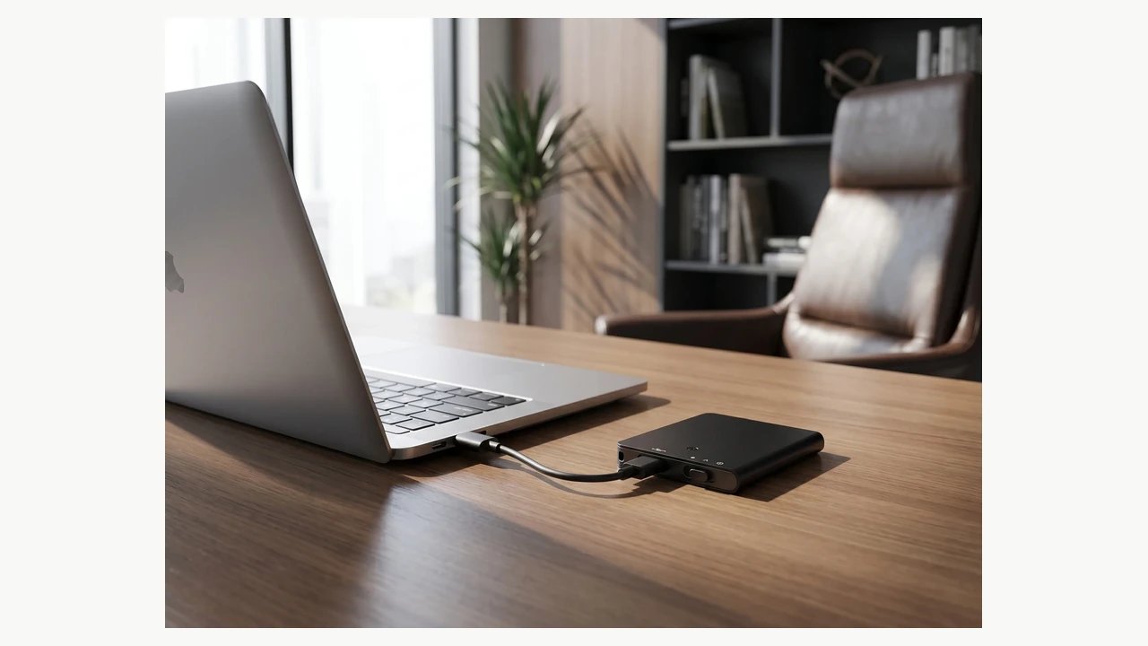 QZT Q61 compact voice recorder on a desk beside a laptop