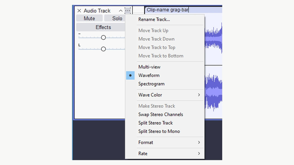 Audacity manual track menu showing the Rate control near the bottom